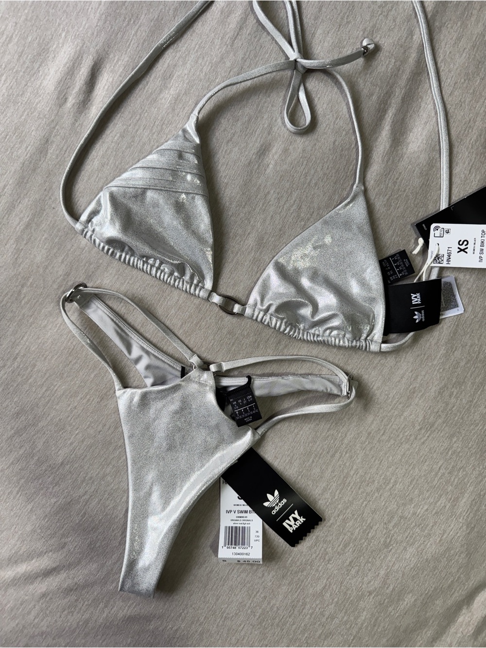 Adidas x IVY PARK Swim Metallic Silver Strappy Triangle Bikini Set NWT